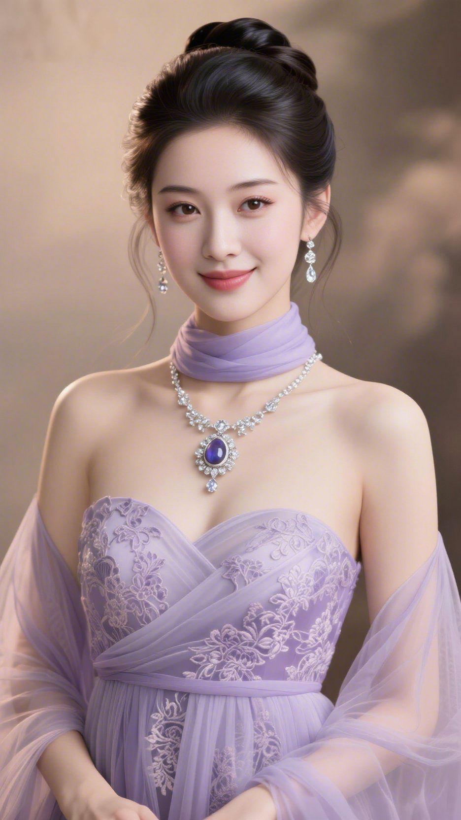 紫纱柔光淡紫裙纱裹着轻雾似的温软，衣间绣纹像揉碎的花影，浅浅铺在裙身。颈间