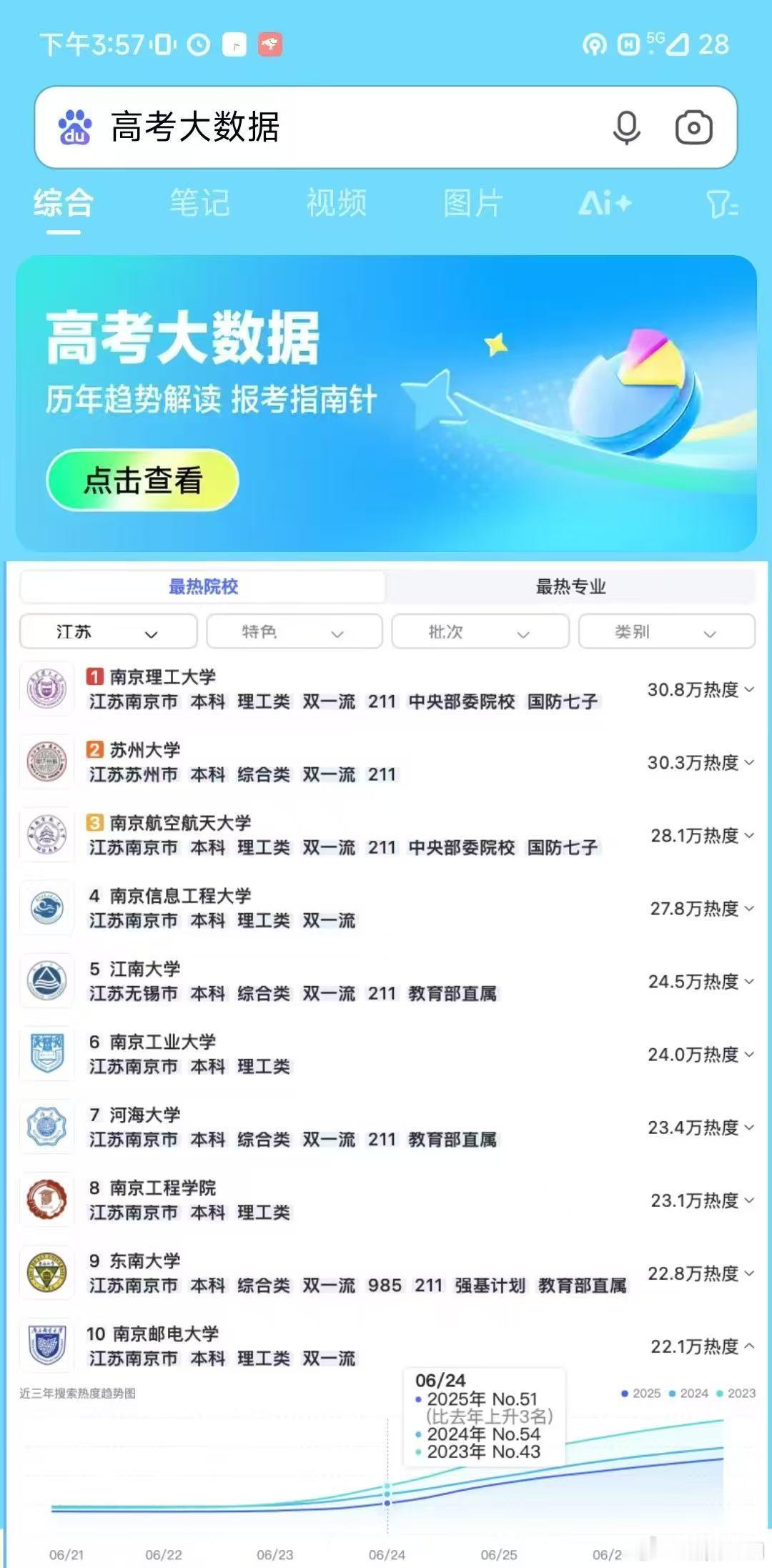南京靠高校夺回南哥称号百度高考大数据见证！填报季南京高校搜索热度爆表，凭借深厚学