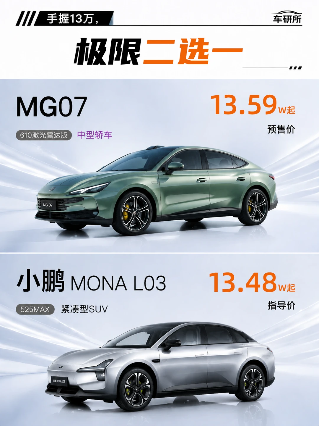 13万级纯电二选一，MG07 VS 小鹏MONA L0