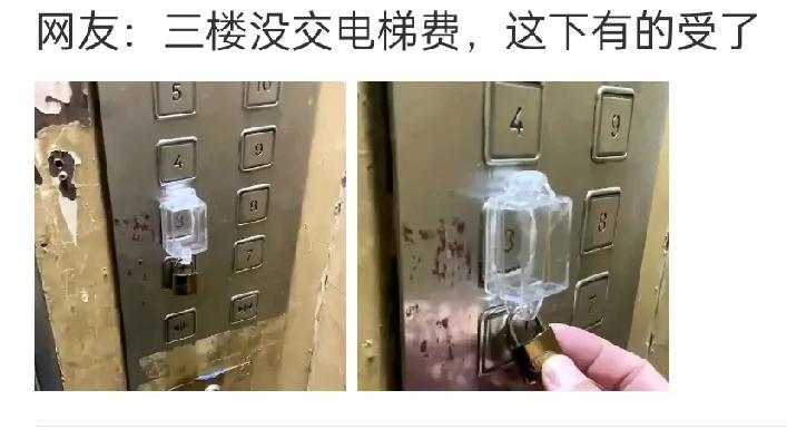 网上一张电梯按钮被锁的图可火了。就看那电梯，三楼的按钮被个透明东西给锁得死死的，