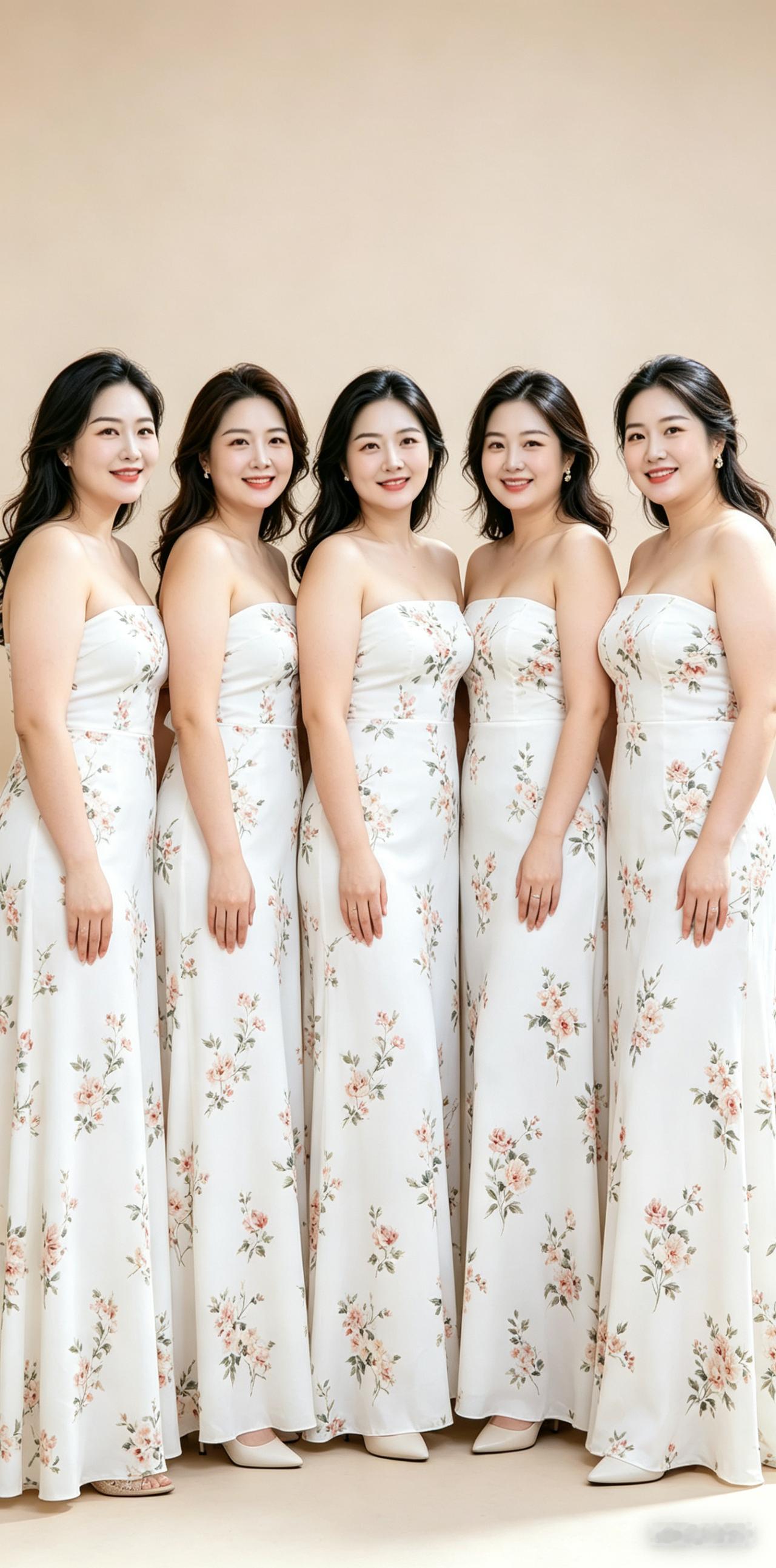 五个姐妹穿着同款礼服站在一起。借此平台，谁是你心上人，留言: