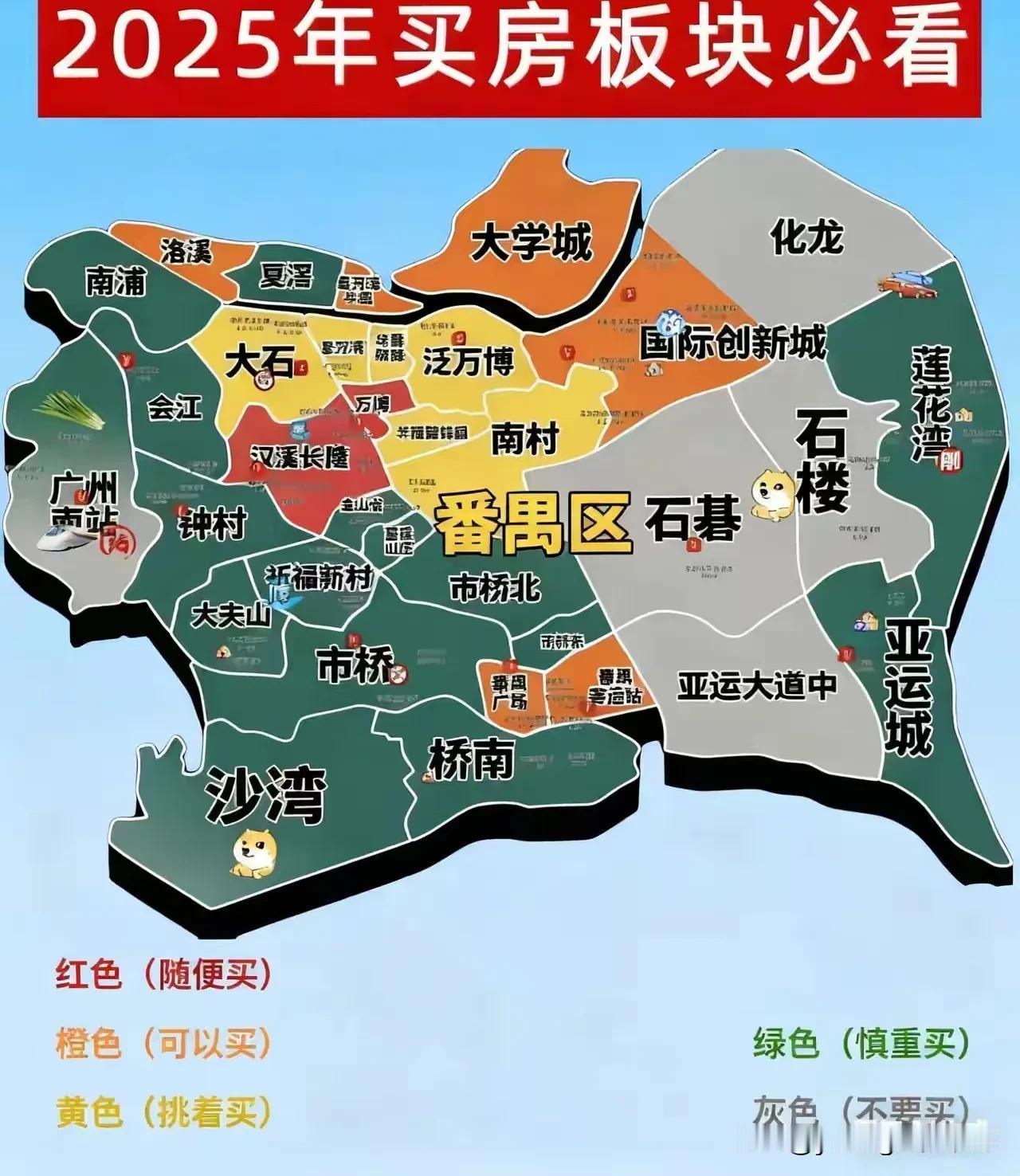 AI整理出来的番禺买房区域的选择。根据颜色的筛选，万博和汉溪长隆板块是目前推荐买