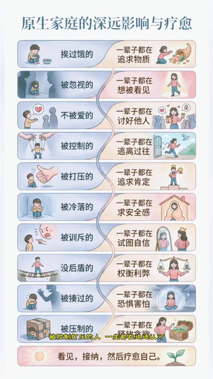 原生家庭的深远影响与疗愈。我们终其一生都在弥补童年的缺陷。挨过饿的人一生都在囤
