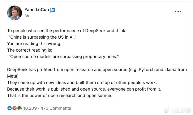 YannLeCun发文：给那些看到DeepSeek的表现后，觉得「中国在