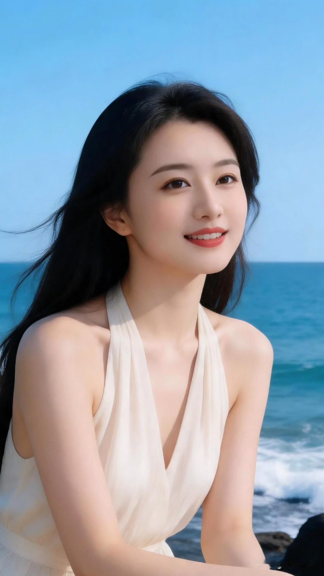 今天踩着礁石听着海浪，海风把头发吹得微乱，也吹走了所有烦心事。穿一条温柔的米白挂