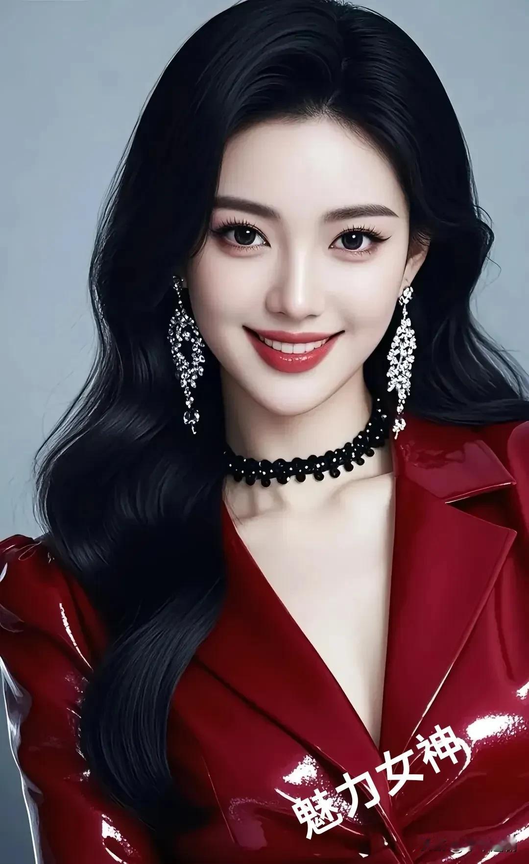 酒红亮面西装裹着明艳，黑颈链衬得锁骨线条利落。钻饰耳坠随笑晃出碎光，红唇一弯，便