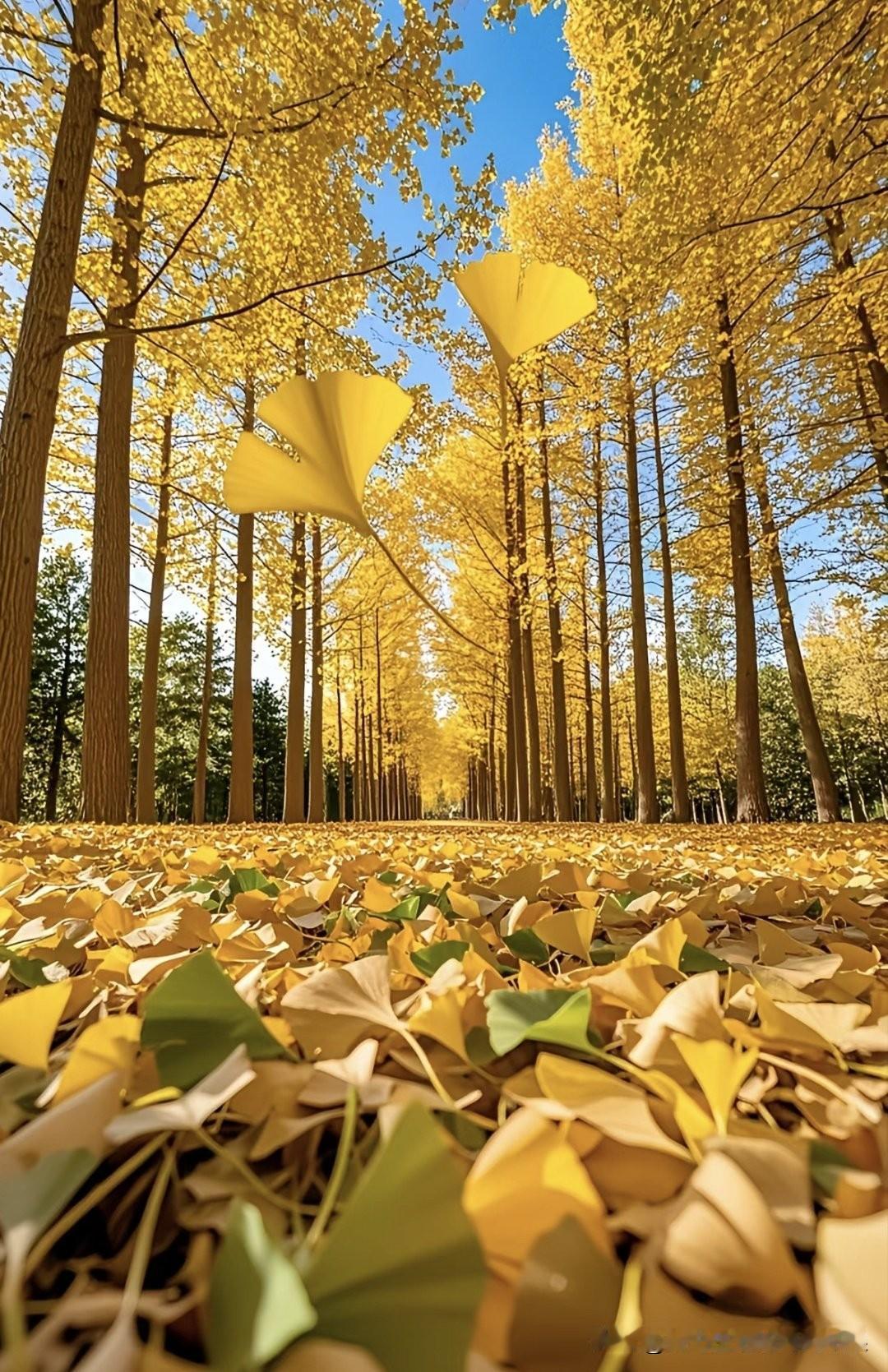 朋友们,快看这银杏林!树叶黄得透亮,跟被阳光染过似的。地上铺了厚厚的一层叶子,踩