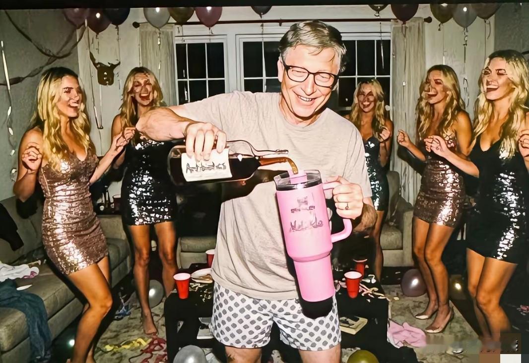 比尔盖茨作为一个有钱人，也是一个成功人士，到哪里都是受到欢迎的，他亲自拿起一瓶红