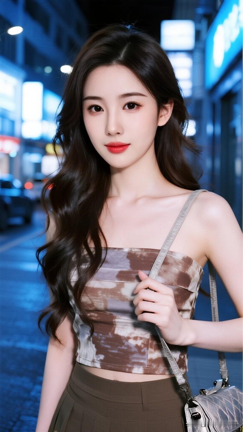 夜晚街头的时尚少女，迷人不失优雅，月色凉如水，美人胜如画。夜景气质少女