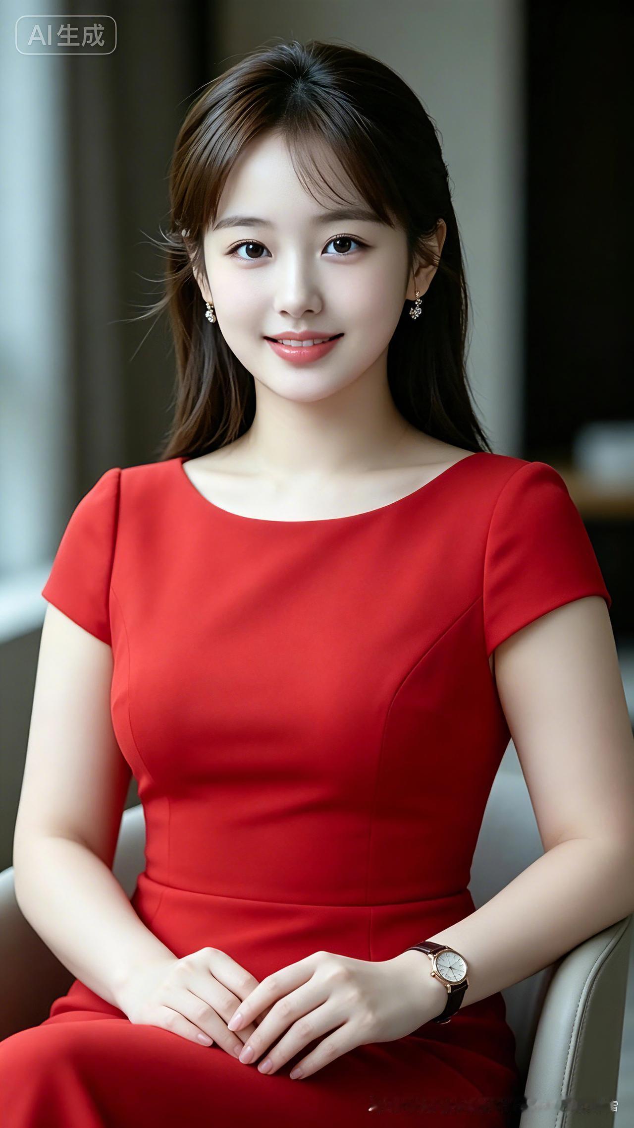 红裙雅韵身着红裙气色妍，明眸浅笑绽华年。轻言慢语春风荡，静处端庄气质贤。