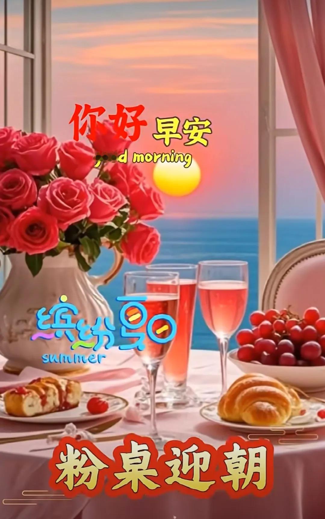 炎熱的夏天，吉祥的早晨，涼爽的問候，滿心的牽掛，誠摯的祝福，注意做好暑