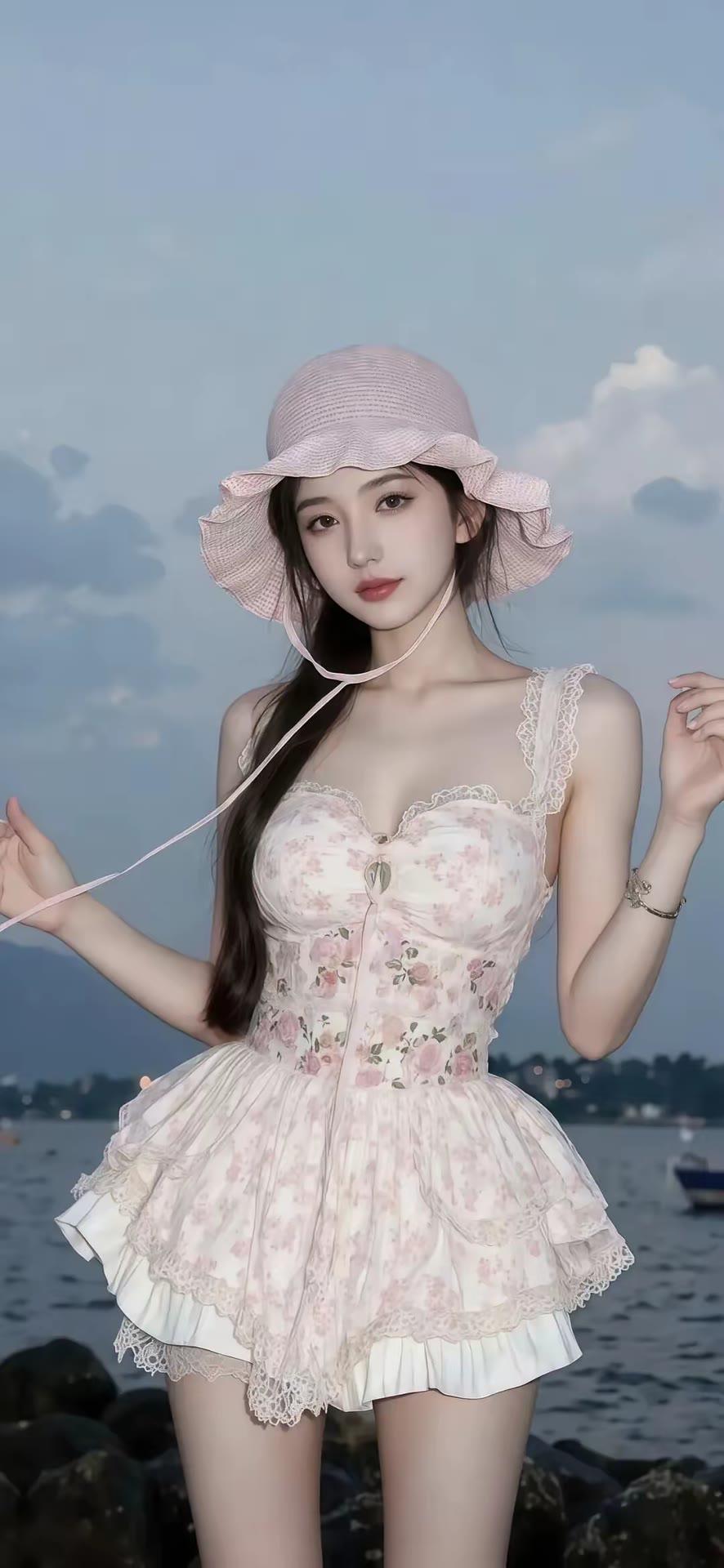 湖畔轻纱拂，粉裙映碧波。