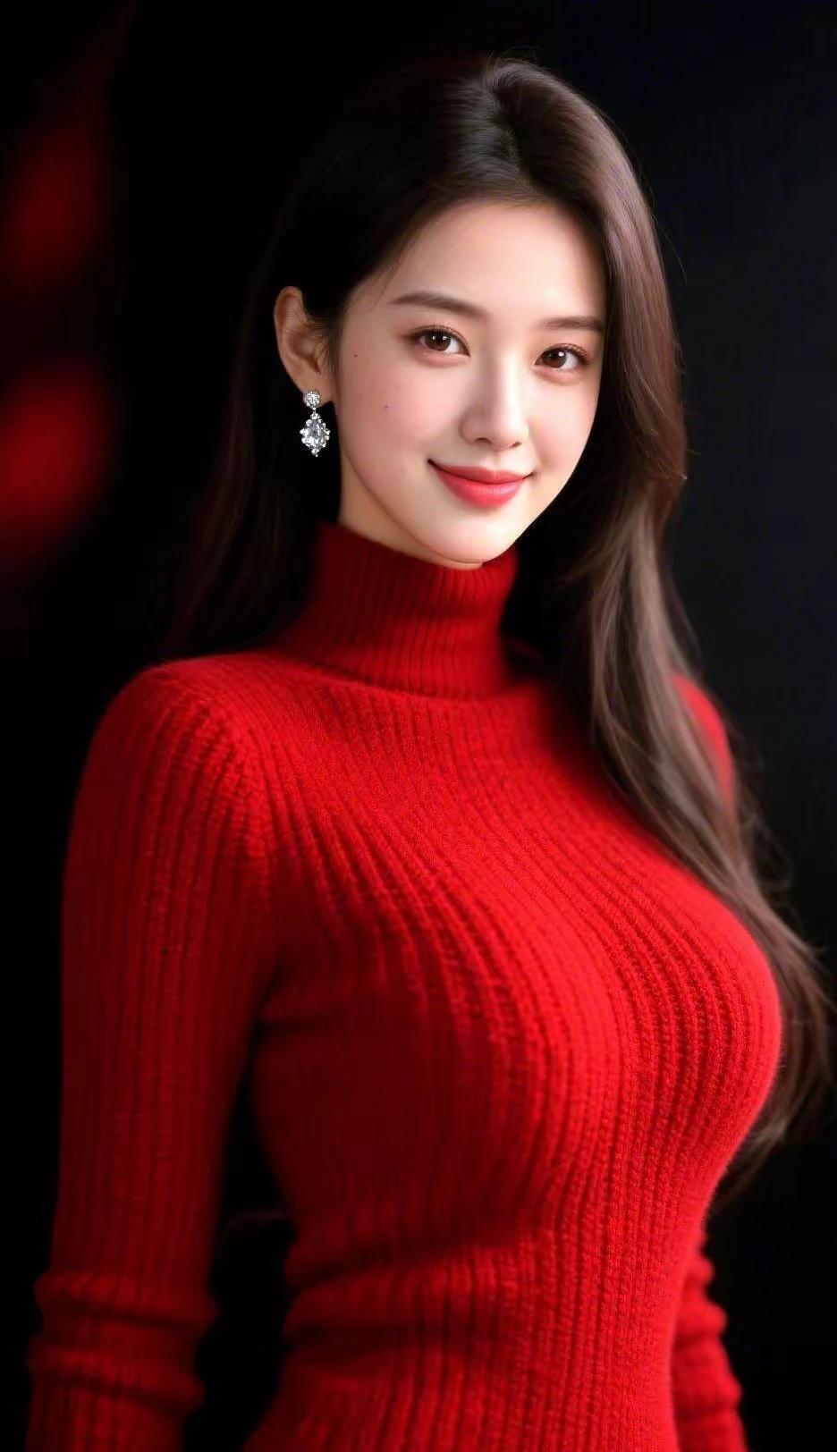 身着红装显娇容，眸若秋水映繁星。国色天香，千娇百媚。出水芙蓉，亭亭玉立。