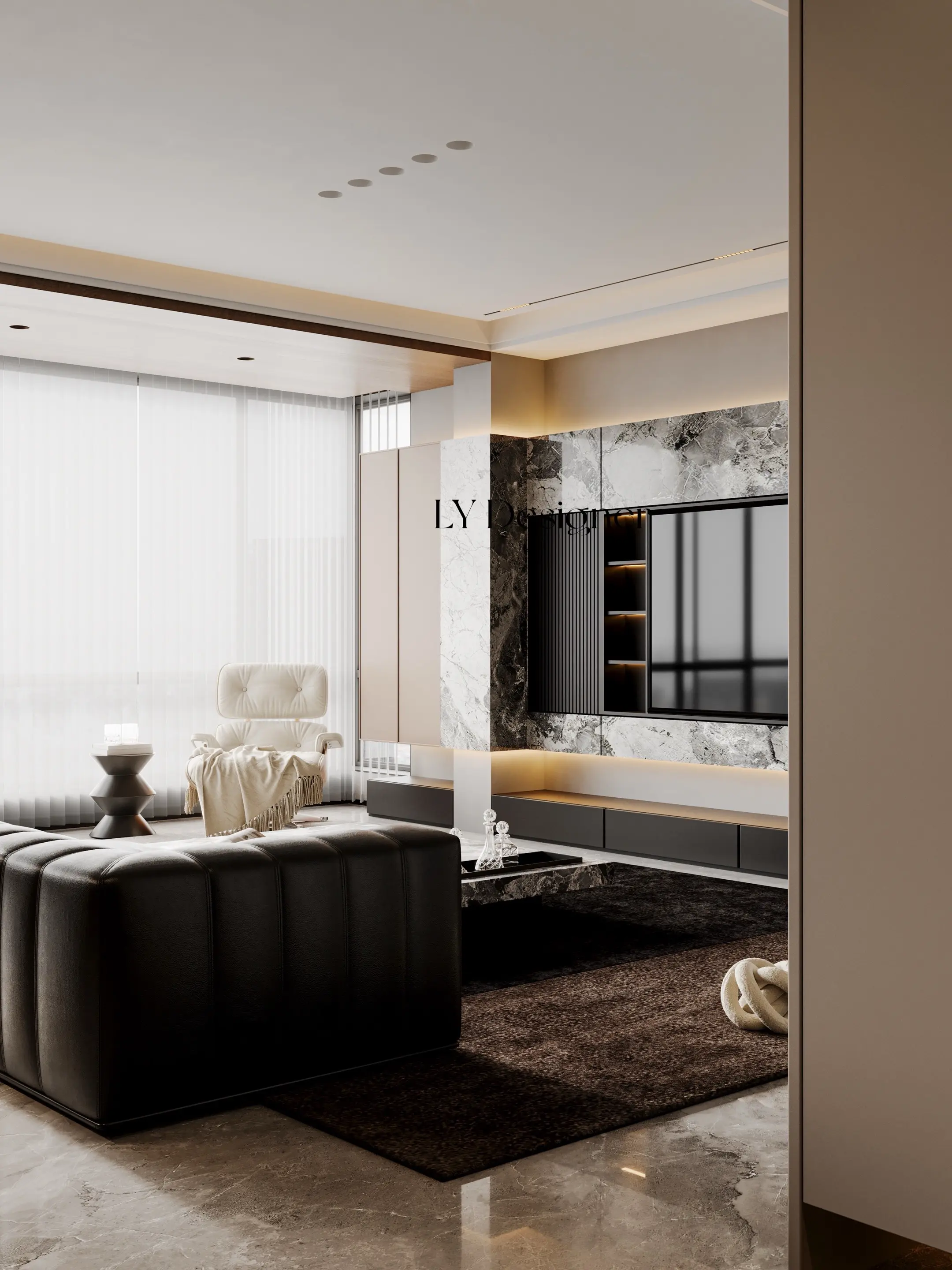 电视墙采用"悬浮"设计，减少压迫感，提升通透