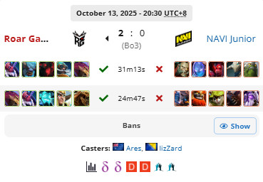 RoarGaming在梦幻联赛次级联赛的第二个bo32:0战胜了NaviJ