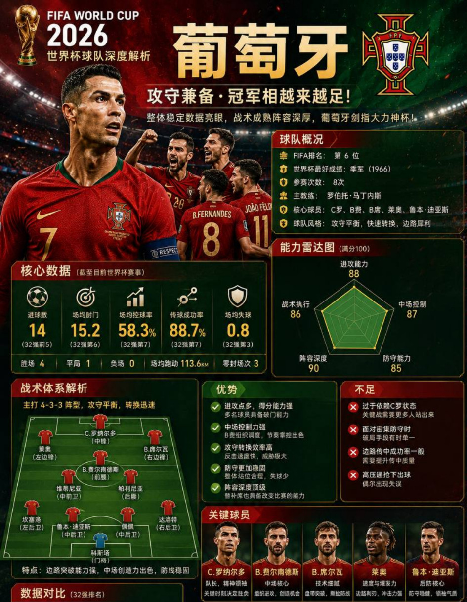 世界杯球队深度解析｜葡萄牙：攻守兼备，冠军相越来越足！进入世界杯淘汰赛阶段，葡萄