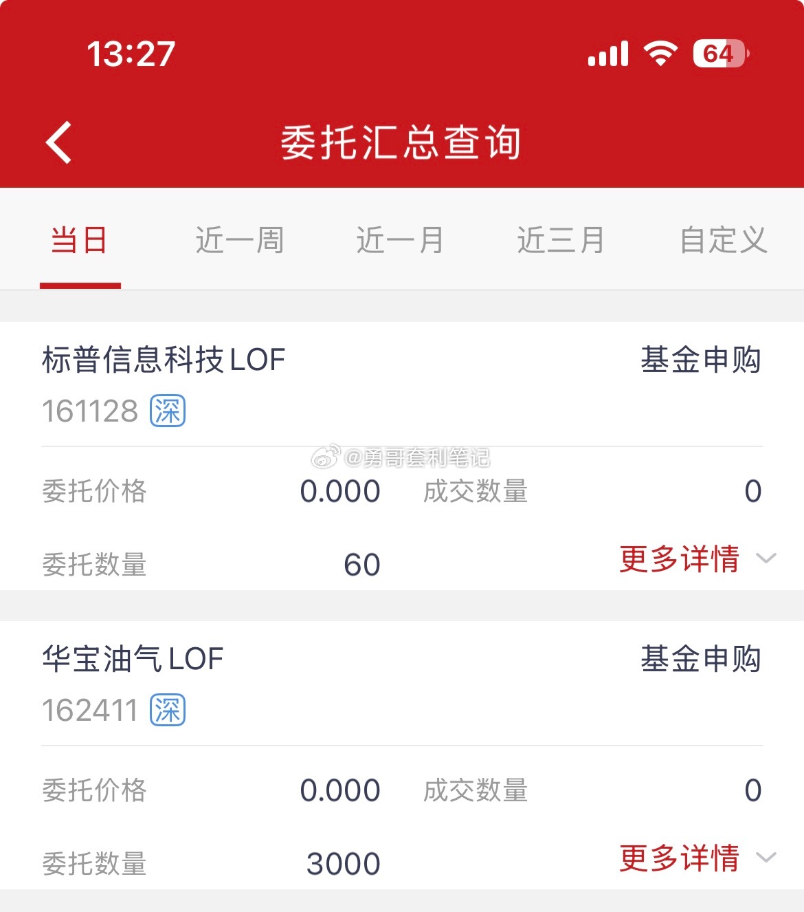 基金套利两只，标普信息科技溢价率4%，限额10*6。华宝油气溢价率4%，限额5