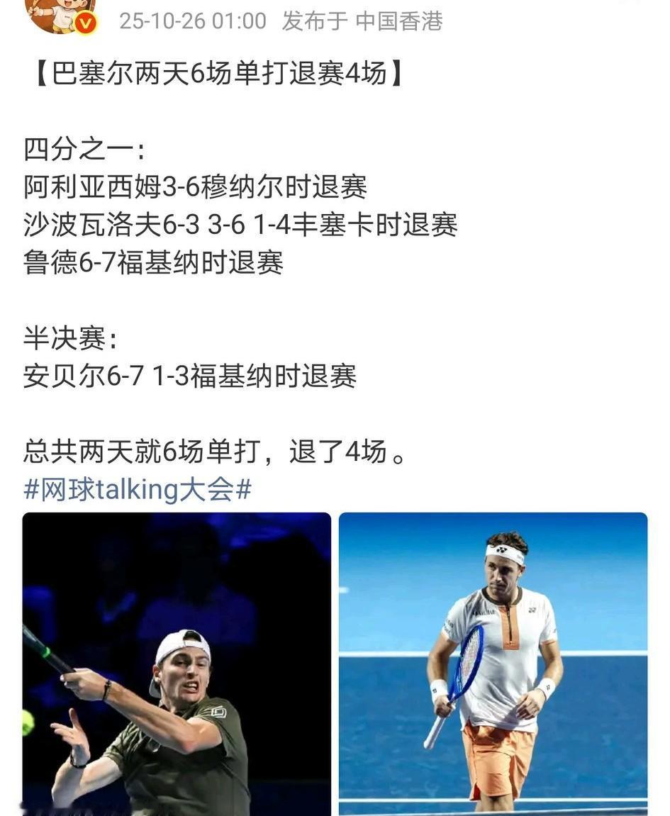 赛季末了，身体都到极限！鲁内跟腱撕裂后，大家都学会技术性退赛……ATP巴塞尔站