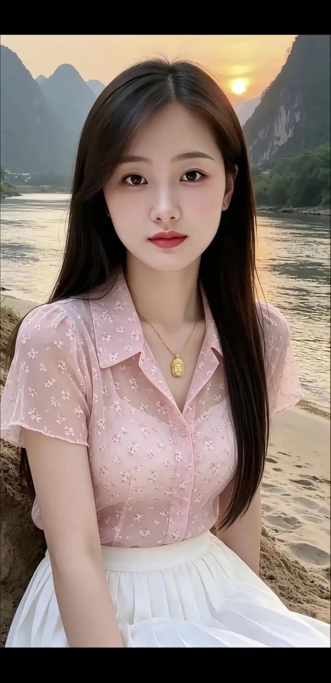 粉色衬衫倒映在河水中，与波光粼粼的水面构成了一幅宁静的画面。那一刻，感觉整个世界