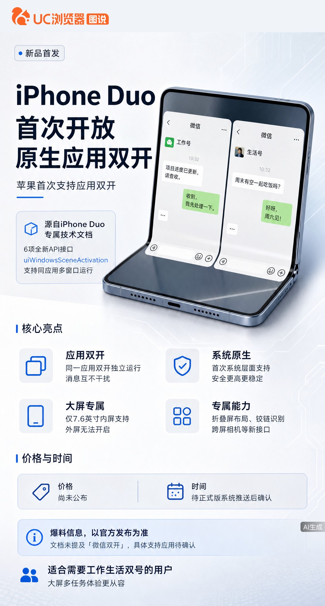 iPhoneDuo或首次原生支持应用双开？新API能让内屏开两个独立窗口，微信有望同时登俩号。但官方
