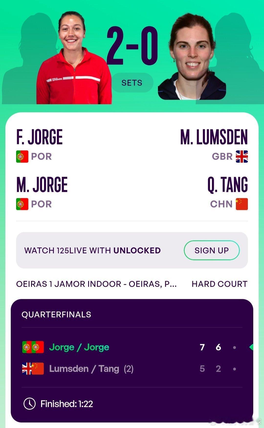 WTA125奥埃拉什站🇵🇹女双8进4汤千慧🇨🇳/拉姆斯登🇬🇧5-7/