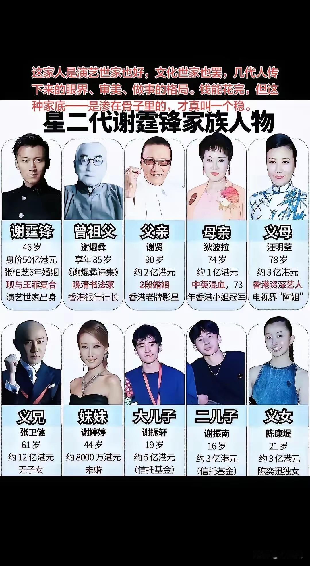 谢贤家庭结构，都是亿单位。这种家庭结构放国内，也是上流社会。谢贤那一亿资产，