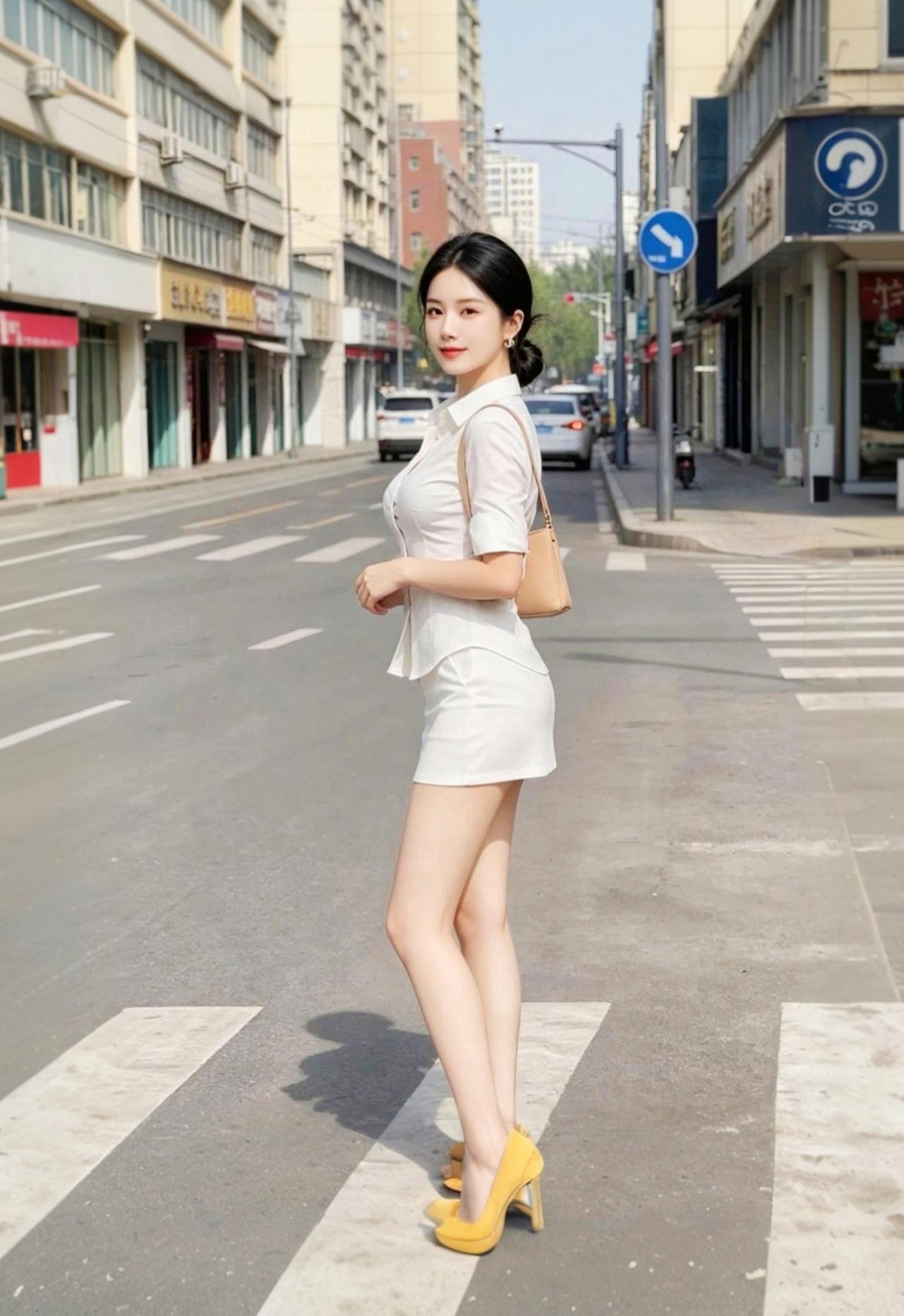 白衬衫配短裙，优雅转身间，气场全开，街头最靓的仔，美得让人移不开眼。