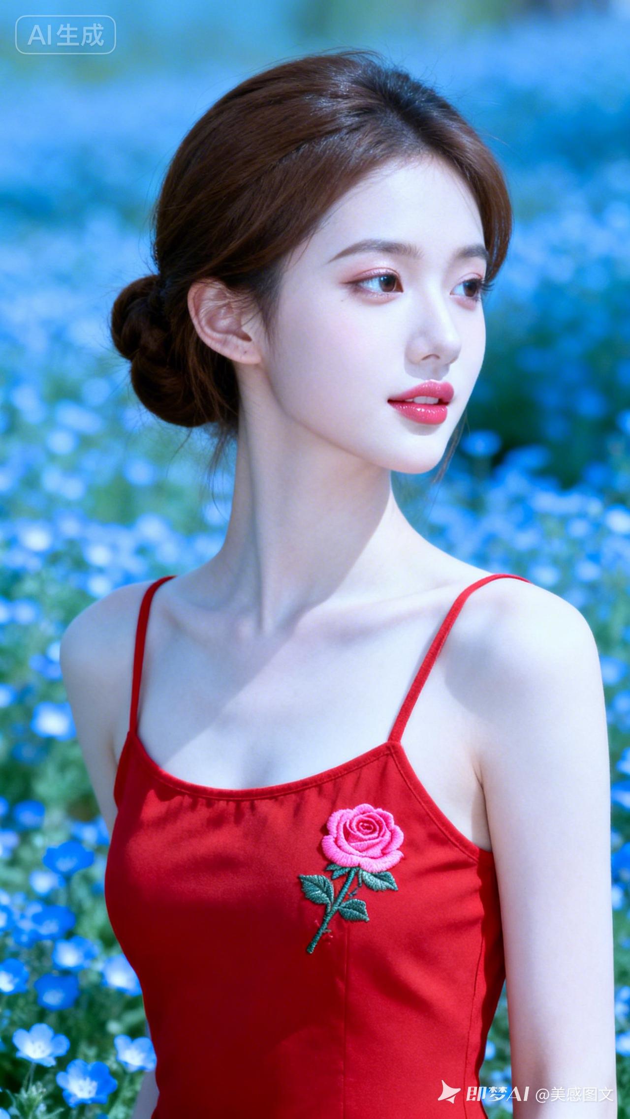 18岁女生，尖下巴比例标准，棕色简约盘发。娇小身材，冷白皮细腻水嫩，精致妆容。红