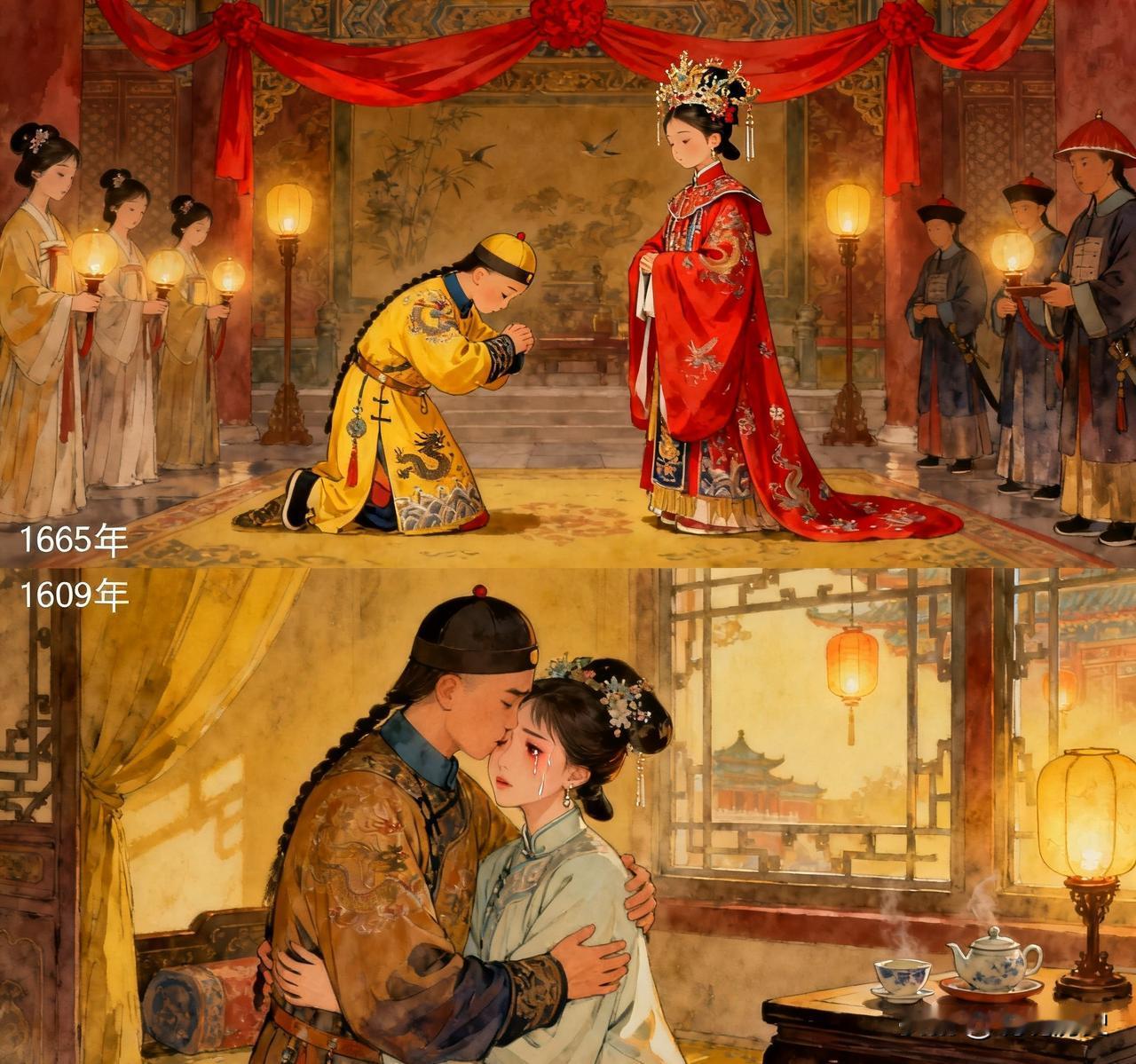 1665年，11岁的康熙和12岁的赫舍里大婚。洞房花烛夜，赫舍里走到康熙面前，要