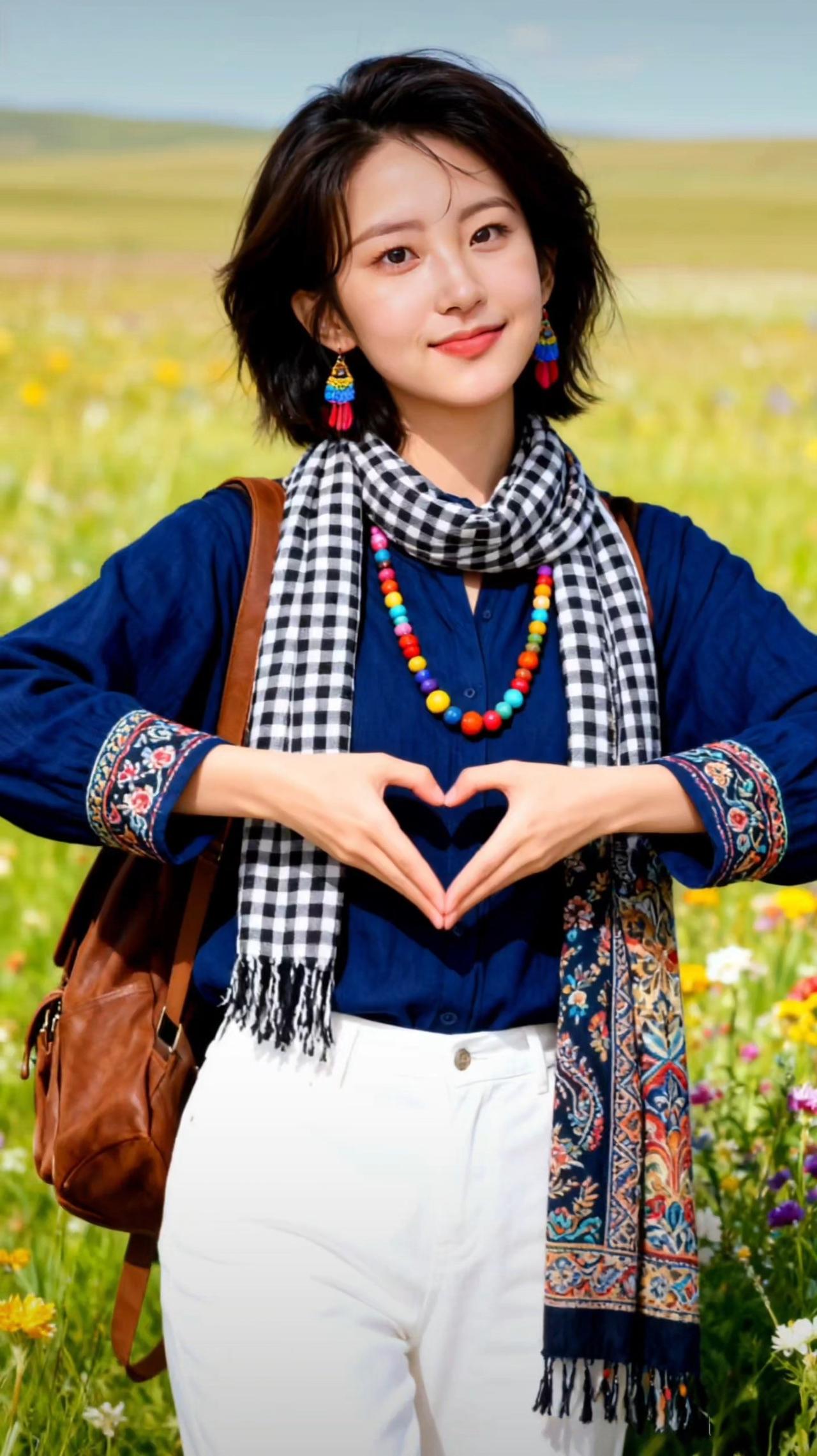 草原上的少女，手比心，笑靥如花🌸💕