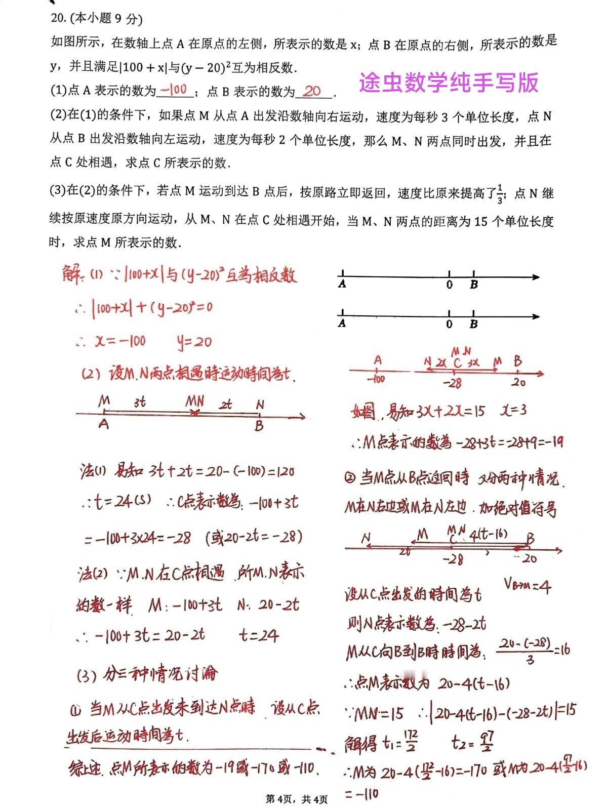 途虫数学纯手写板精品题分享，初一数学上学期最重要的压轴题，数轴上的动点问题。精选