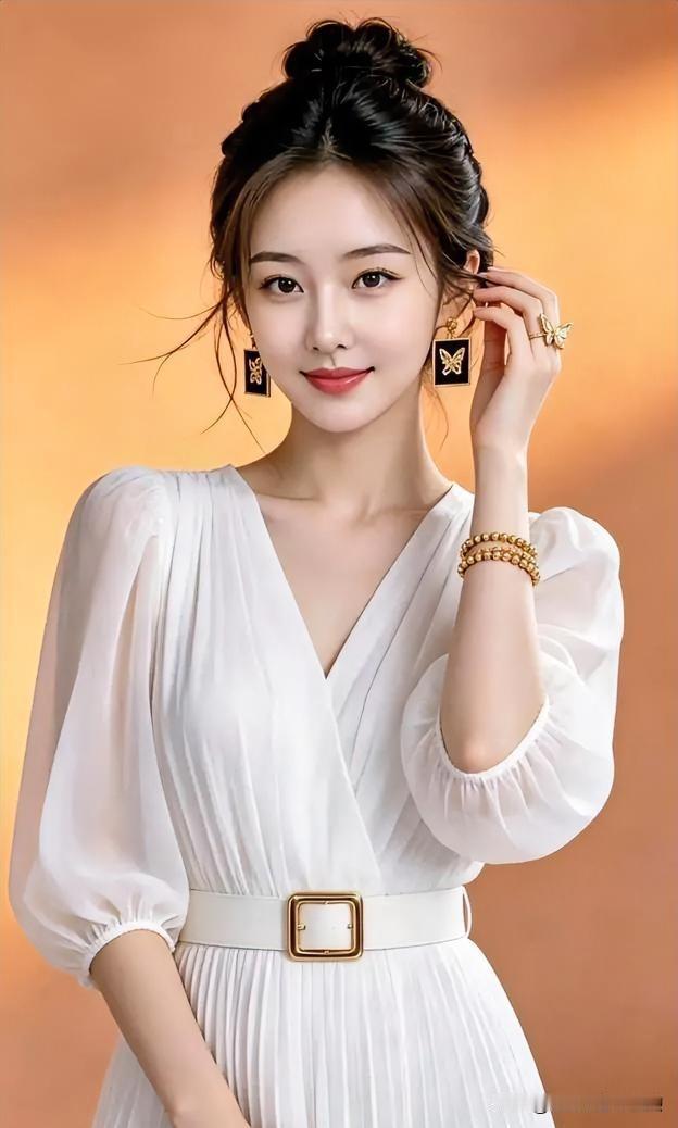 现代散文诗云鬓轻绾，素纱如雪，金饰点缀温婉。暖光里，一笑倾城，静美如初绽