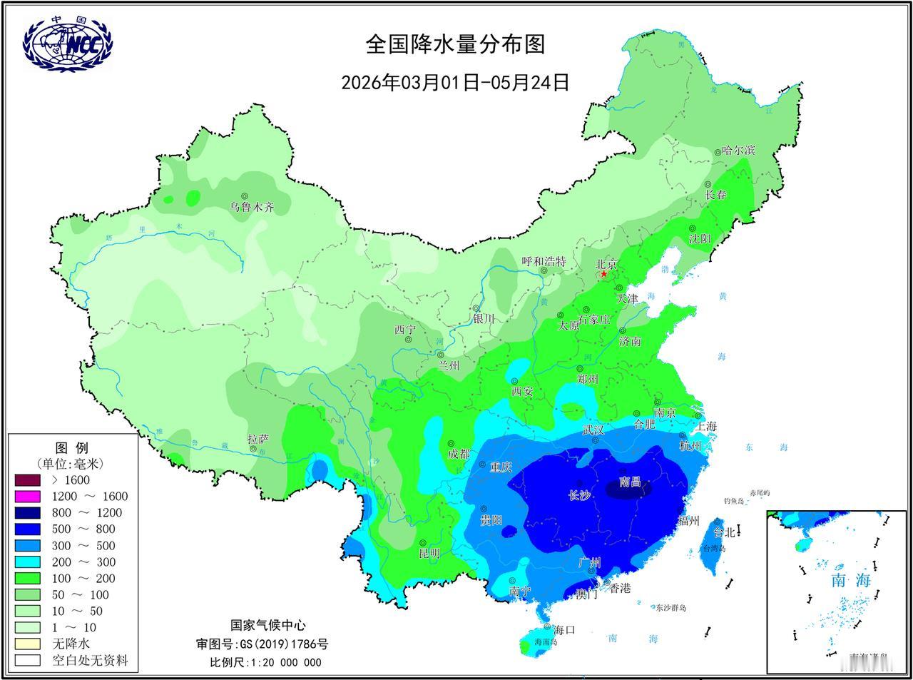 春季全国降水量分布，梅雨季节都还没到，长沙就已经降水量1000+了。今年南方