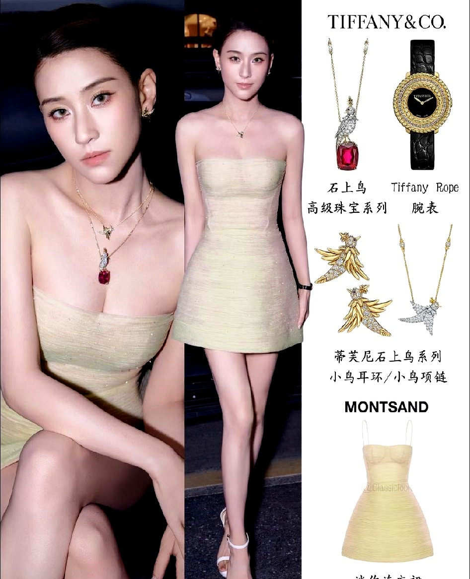 何超莲现身巴黎晚宴，一身紧绷的抹胸超短裙配七公分细高跟，走路都得小心翼翼，愣是把自己塞进了聚光灯的最