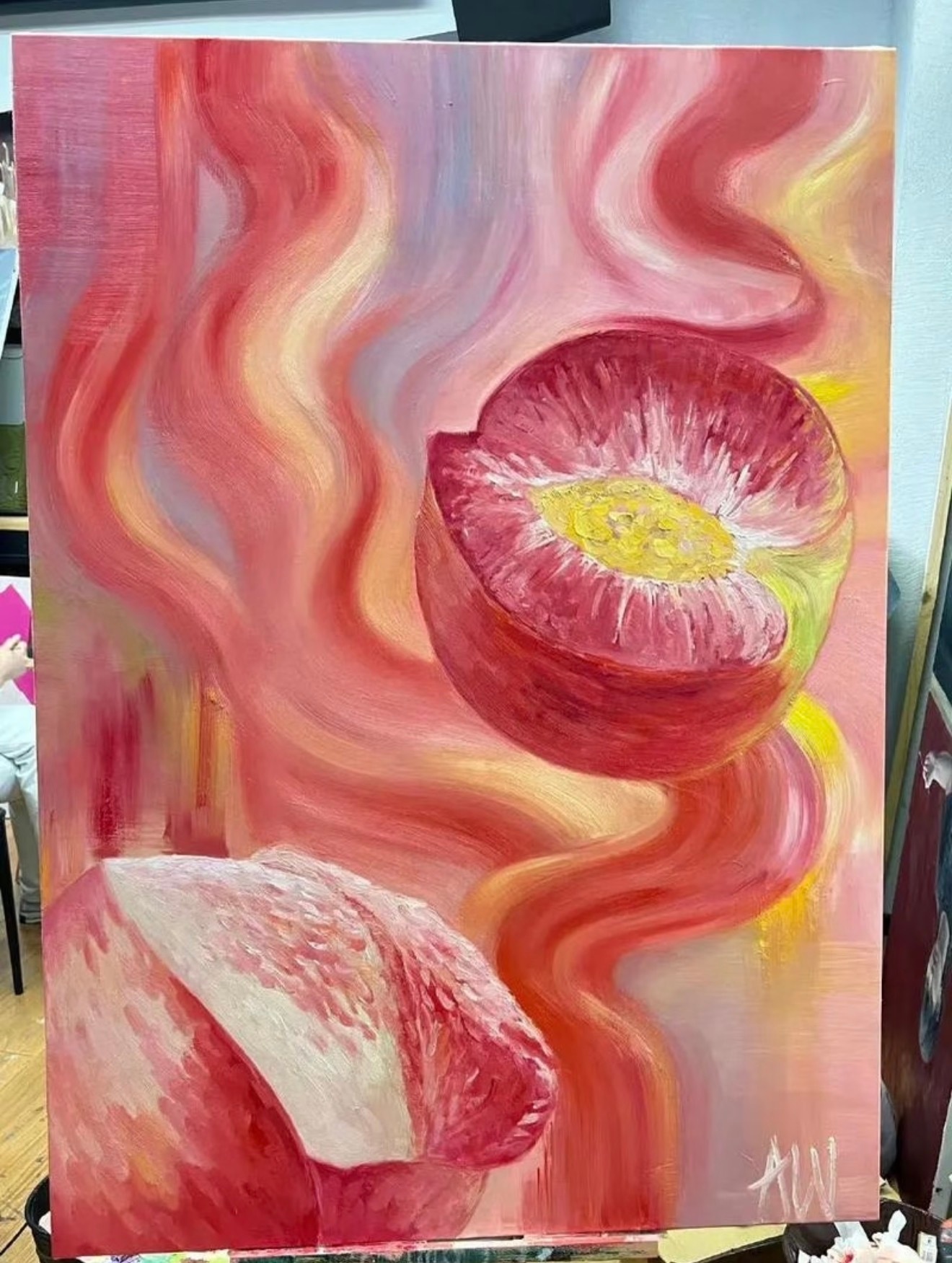 王诗龄13岁画的这幅《桃子》竟然拍出145万天价！这温馨可爱的画风不难看出，她一
