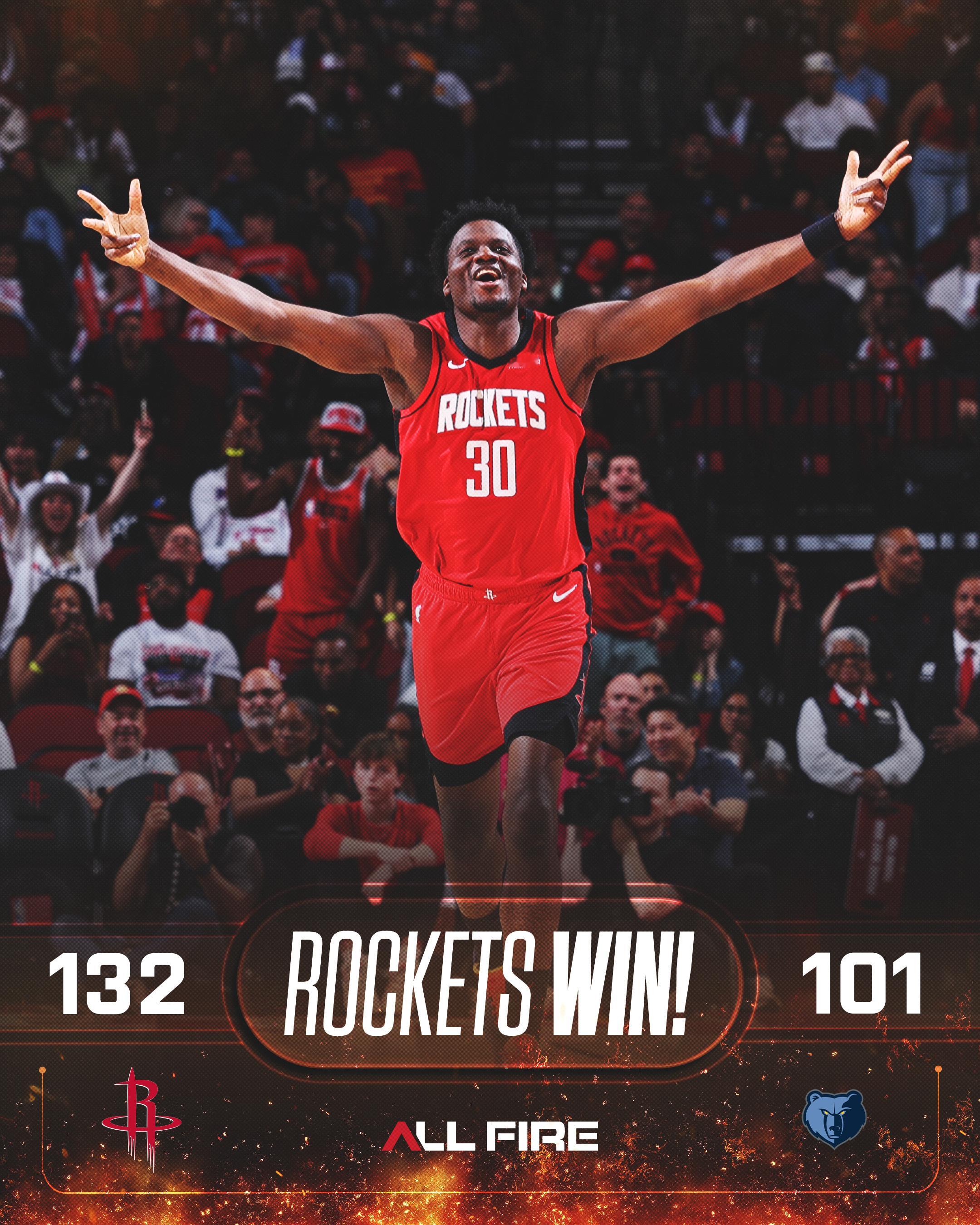 全场比赛结束！收官！火箭132-101大胜灰熊！卡佩拉23分13板1助3帽、伊森