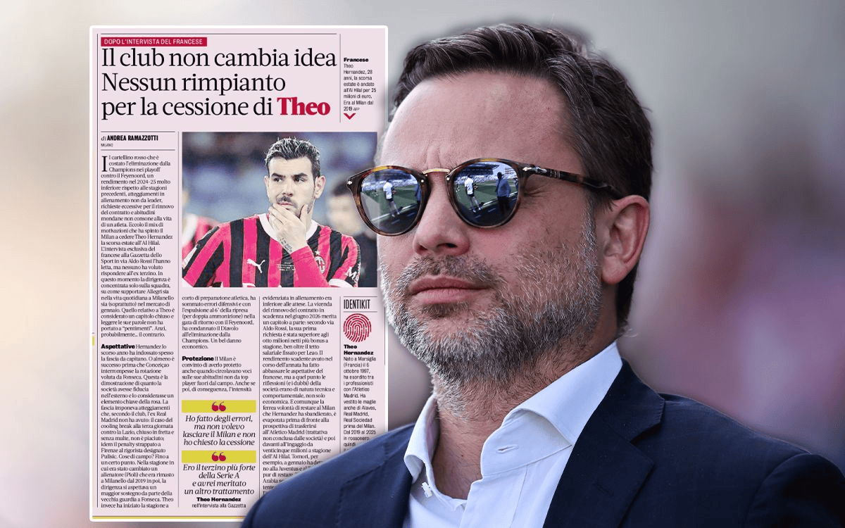 米体: 米兰高层不后悔出售特奥, 并称他曾索要超800万的高薪