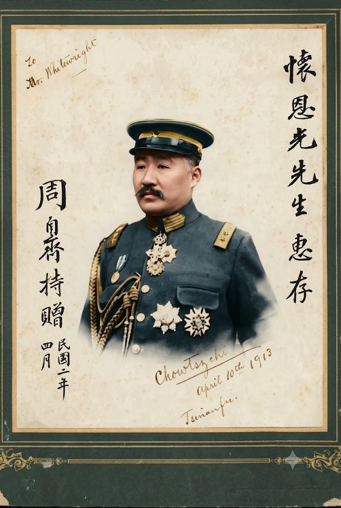 这张照片是北洋政府政要周自齐签送给英国传教士怀恩光的签名照，拍摄于1913年4月