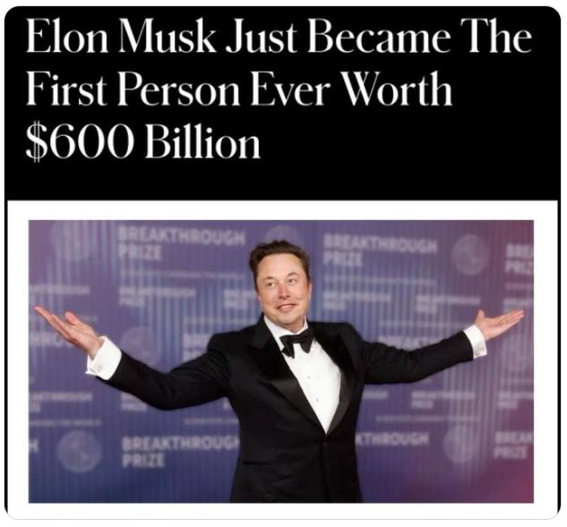 【马斯克成为世界上第一个财富超过6000亿美元的人。主要收入来源是SpaceX