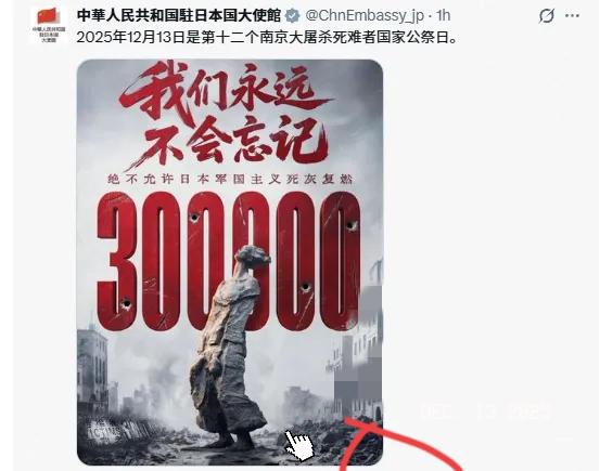 这次我们一个日本字都没写！中国驻日大使馆今天（12月13日）发文写道：2025年