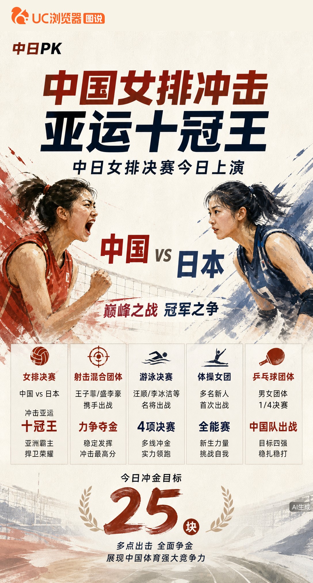 中日女排决赛今日上演！中国女排冲击亚运十冠王，这场巅峰战是当日最大看点。能否顶住东道主压力拿下历史性