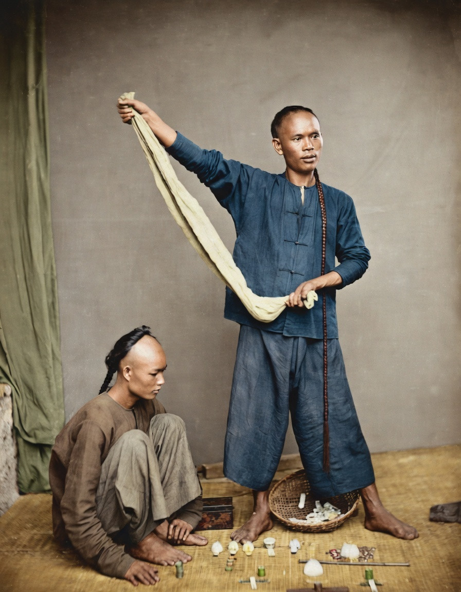 1871年，由西方摄影师摆拍，还原了晚清街头底层赌徒，这两位男子均留着晚清典型的