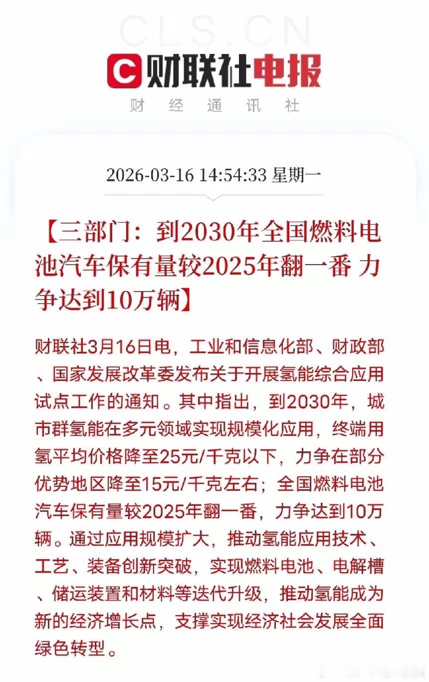 氢能再迎重磅利好！10万辆目标定调，新能源赛道再添强引擎三部门联合发文，明确20