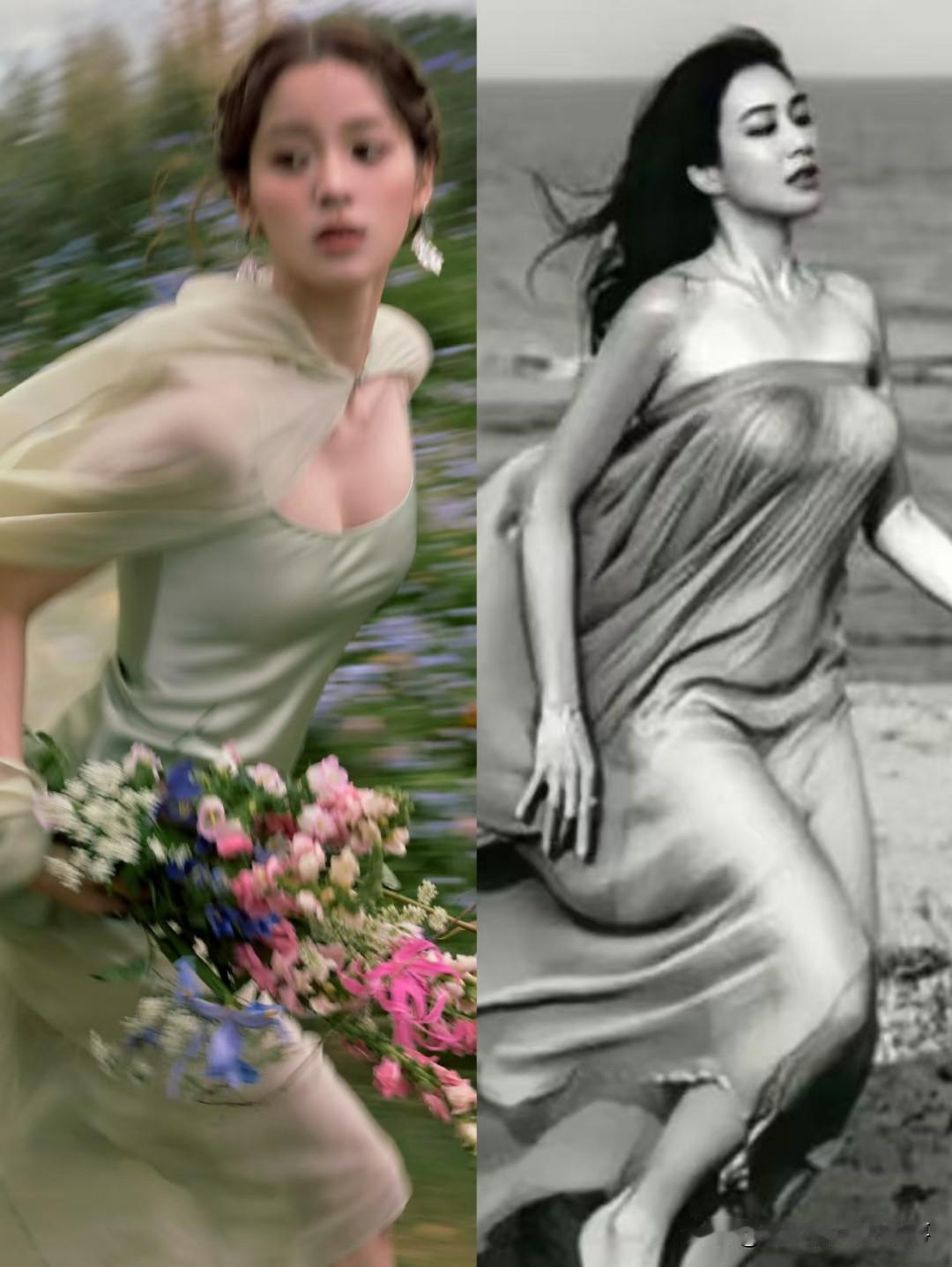 钟丽缇和欧阳娜娜拍同款姿势，俩美女愣是拍出了完全不同的感觉！钟丽缇是向上挺拔的S