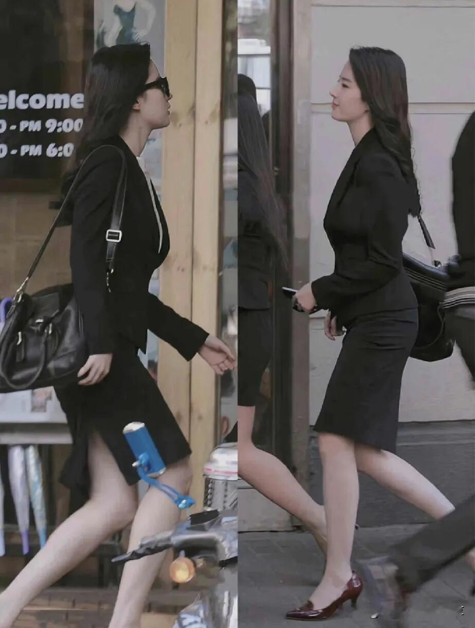 穿上这一身西装的刘亦菲既帅气又艳丽，身材凹凸有致的，一双大长腿又白又直，不愧是女