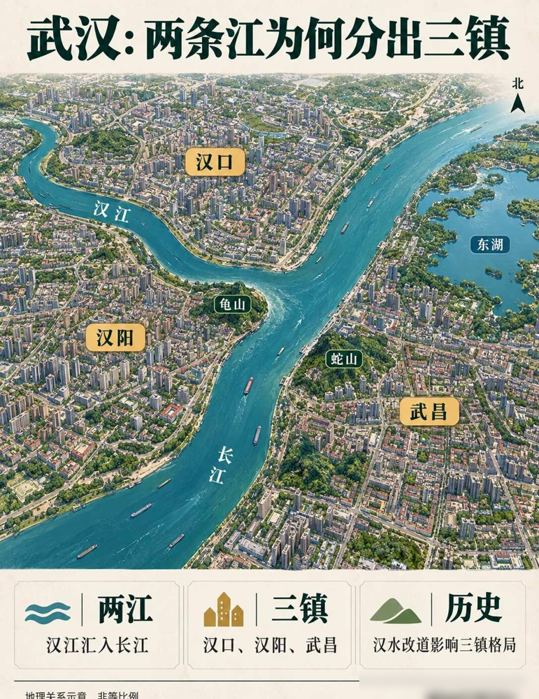 武汉为什么有三镇，看两条江就懂，第一次看武汉地图，最容易混淆的就是汉口、汉阳、武昌。我身边不少朋友都