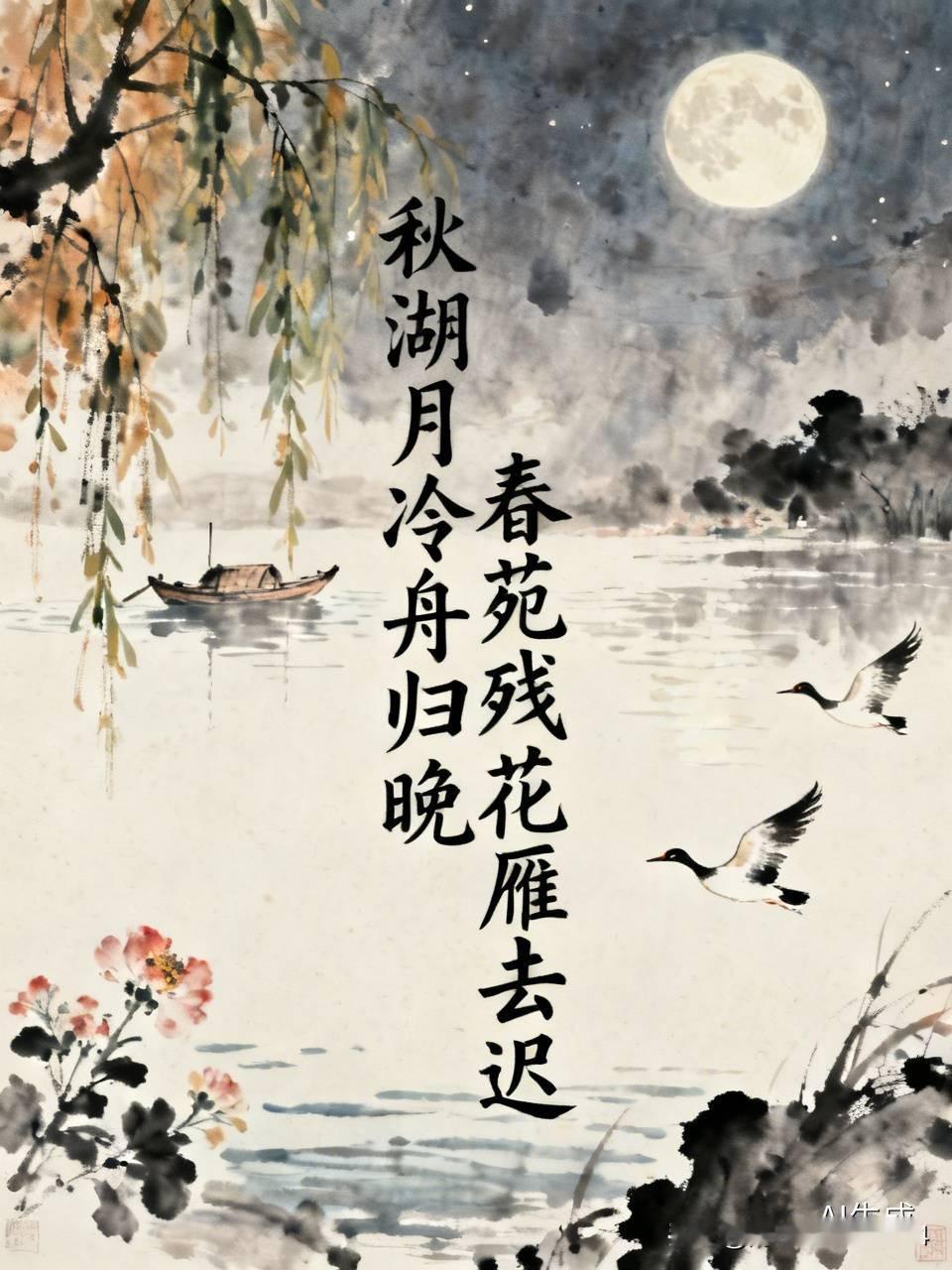 上联:秋湖月冷舟归晚，求下联下联，春苑残花雁去迟！
