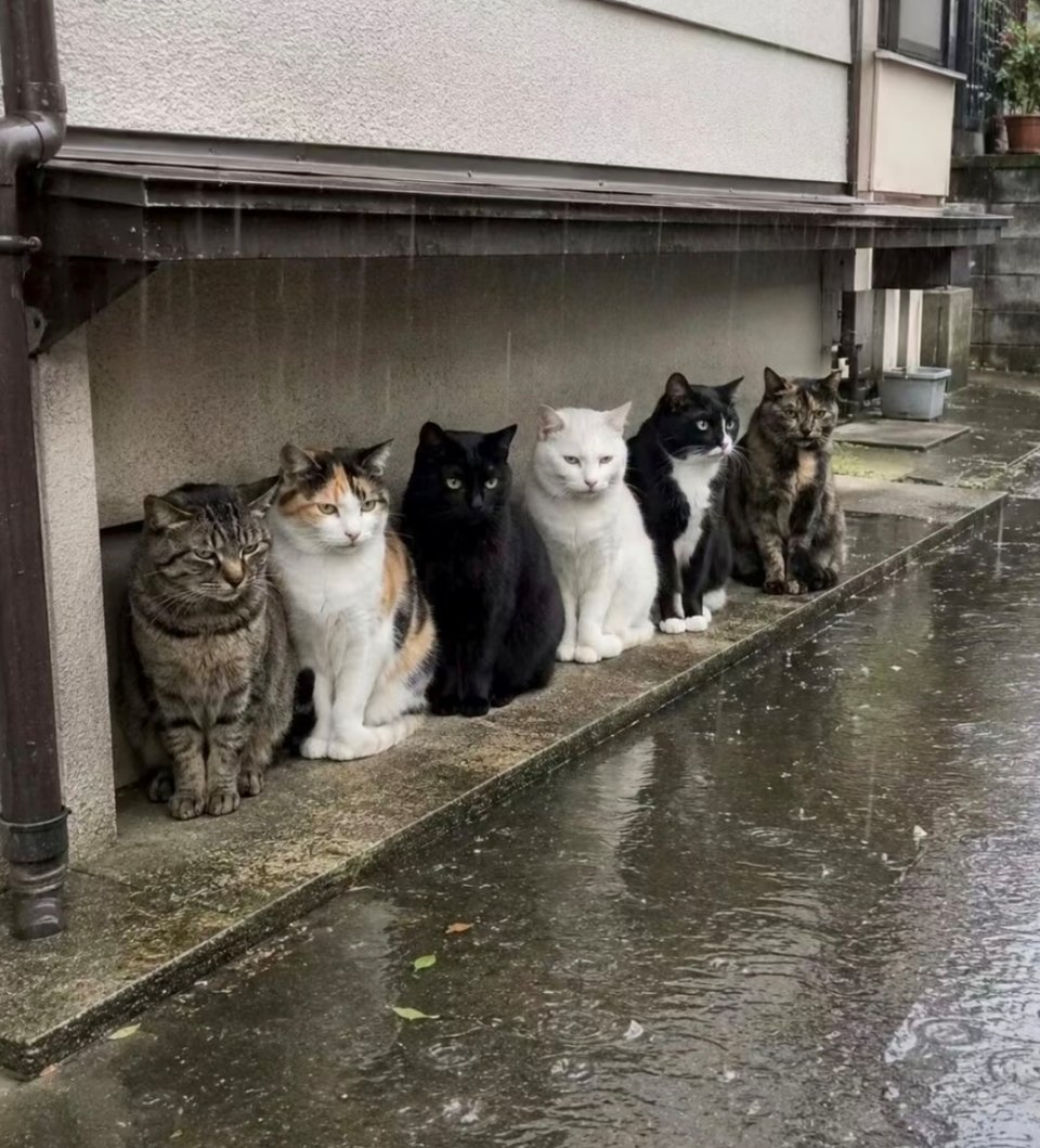 每一只猫猫都在愁啊，这雨啥时候停啊？麻麻还等我回家吃饭呢。​​​