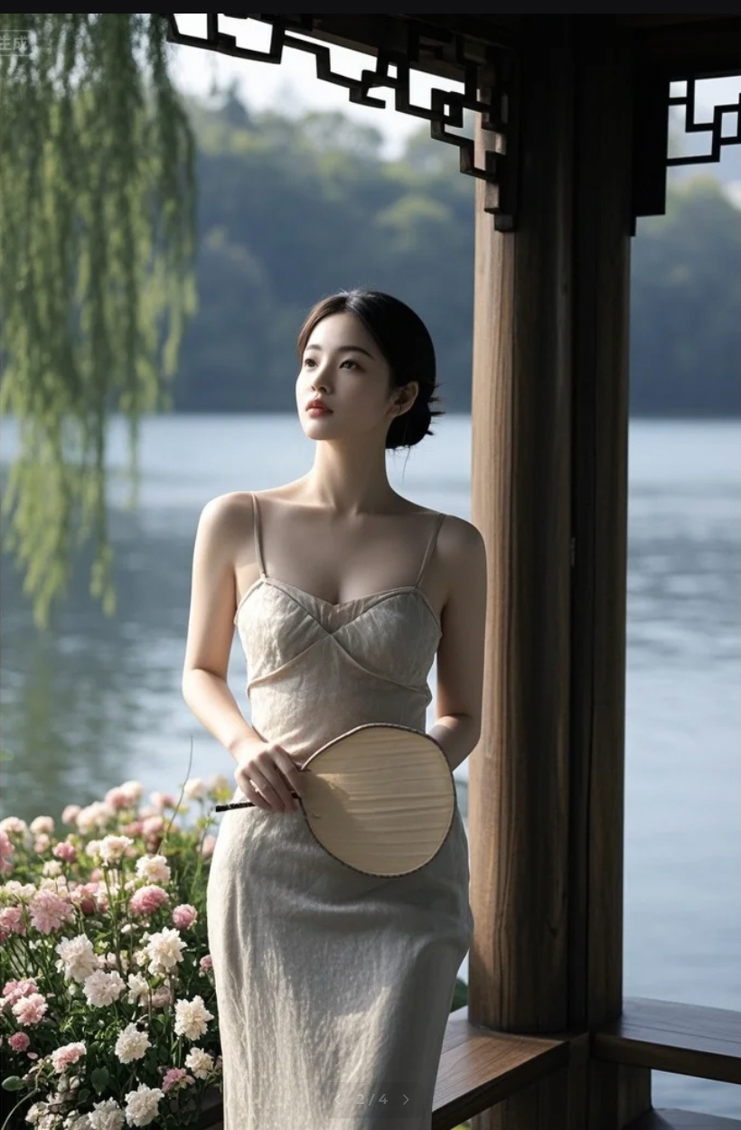 她站在湖边，像一场未醒的梦