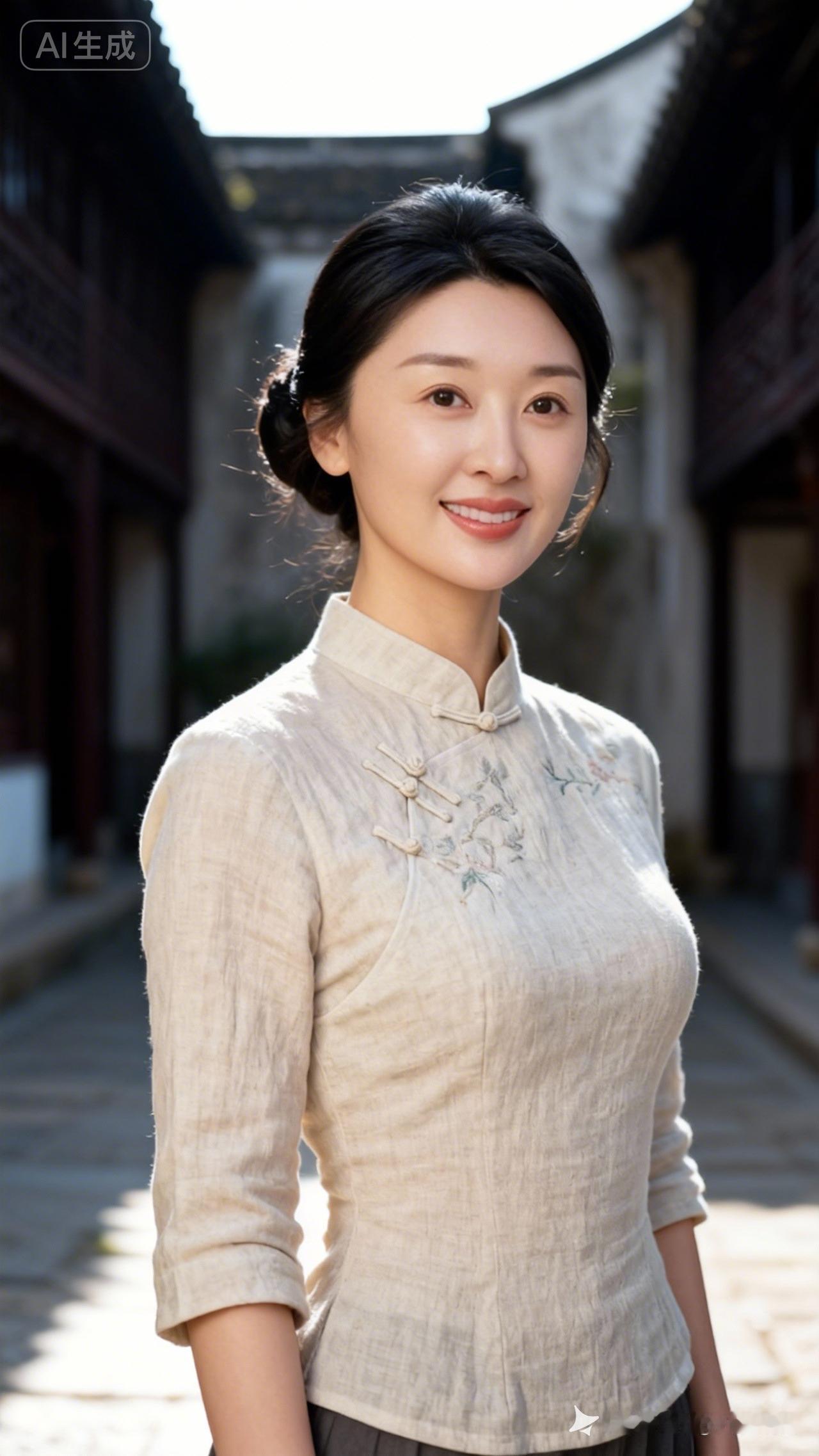 古风少女漫步在青石小巷，笑靥如花，韵味十足。